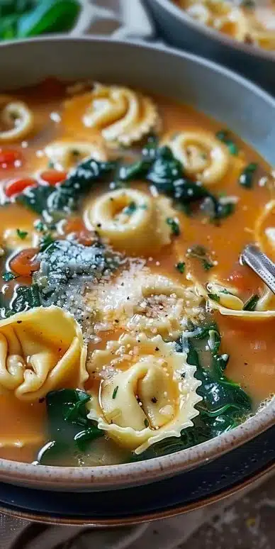 Delicious Parmesan Tortellini Soup garnished with herbs and served in a bowl.