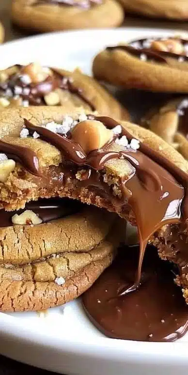Delicious peanut butter chocolate caramel cookies topped with drizzled caramel.