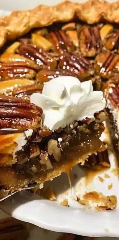 Delicious pecan pie dump cake served in a dessert dish.