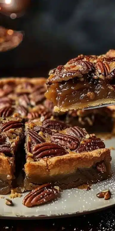 Delicious pecan pie dump cake served on a plate with a fork.