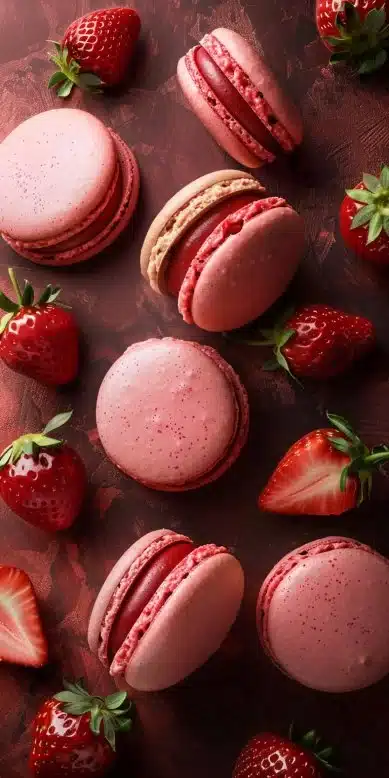 A plate of perfect strawberry macarons with fresh strawberries