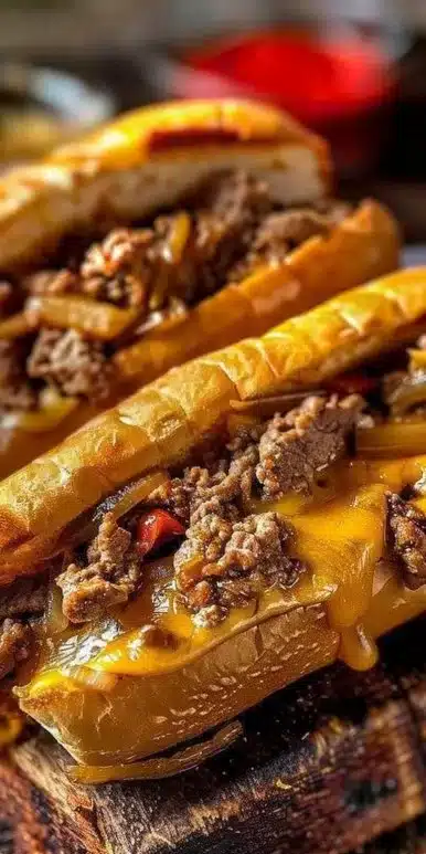 Philly Cheesesteak Sloppy Joes served on a plate with toppings.