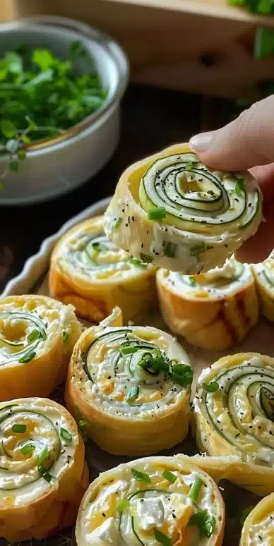 Delicious pickle dip pinwheels arranged on a platter, perfect for appetizers.
