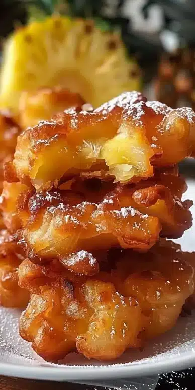 Delicious pineapple fritters served on a plate with a garnish