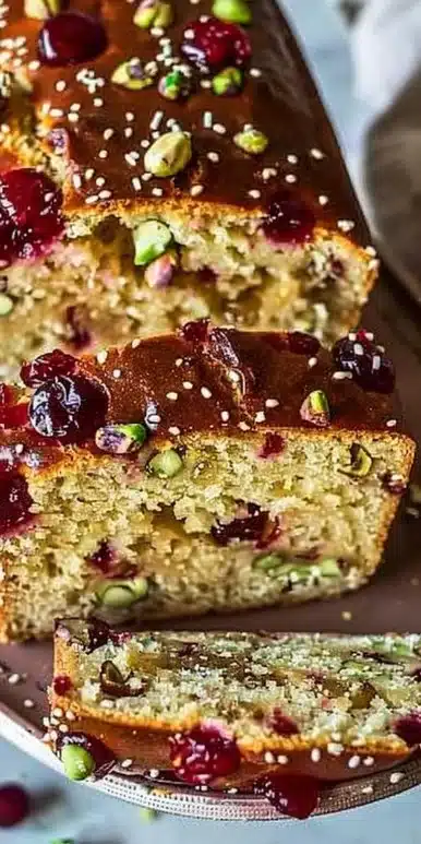 Slice of Pistachio Cherry Bread garnished with cherries and pistachios