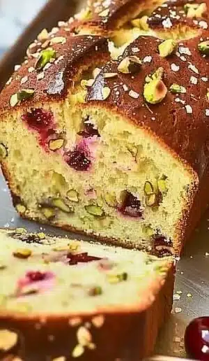 Loaf of delicious pistachio cherry bread sliced for serving