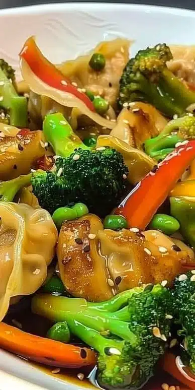 Delicious Potsticker Stir Fry featuring vibrant vegetables and savory potstickers.