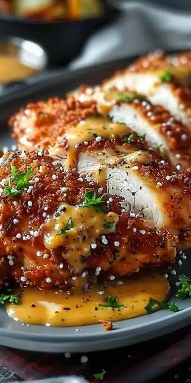 Delicious Pretzel Chicken topped with mustard-cheddar sauce