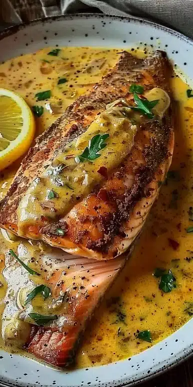 Delicious Red Snapper served with creamy Creole sauce on a plate.