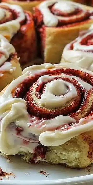 Red Velvet Cinnamon Rolls topped with cream cheese icing