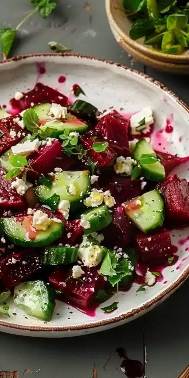Bowl of refreshing Beet Feta Cucumber Salad garnished and ready to serve