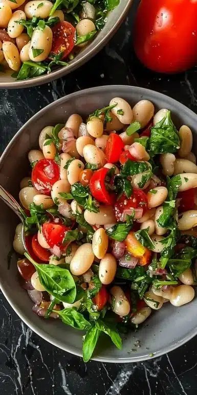 Bowl of refreshing Italian White Bean Salad with fresh vegetables and herbs