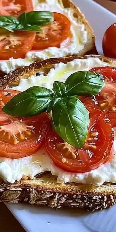 Delicious Ricotta Tomato Sourdough Toast with fresh ingredients and toppings.