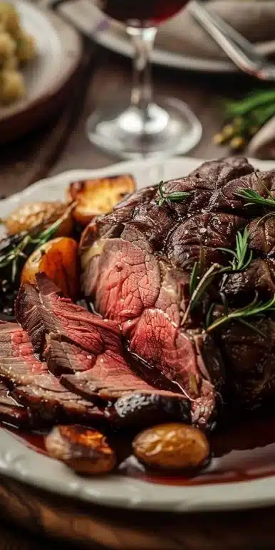 Roast beef with red wine gravy served on a plate