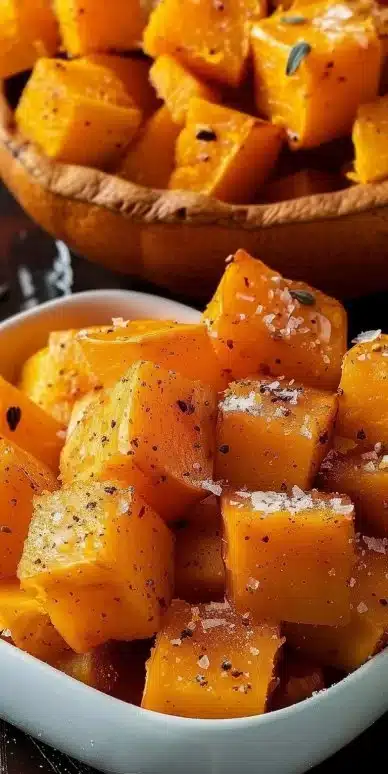 Bowl of perfectly roasted butternut squash cubes seasoned for flavor