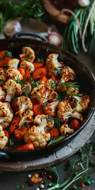 Delicious roasted cauliflower and carrots seasoned with herbs and spices