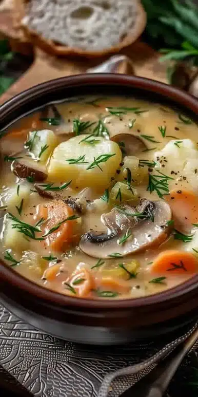 Bowl of Russian Mushroom and Potato Soup garnished with herbs