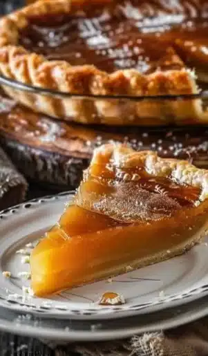 Delicious Salted Honey Pie served on a rustic wooden table