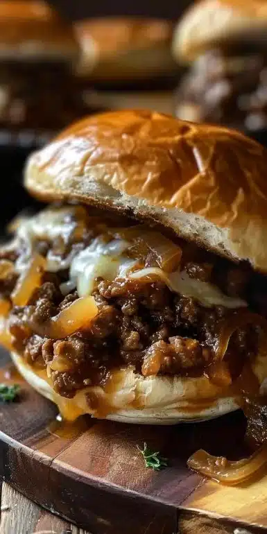 Savory French onion beef sloppy joes served on a bun