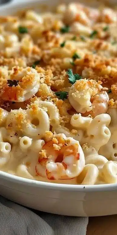 Baked Seafood Mac and Cheese topped with breadcrumbs and herbs