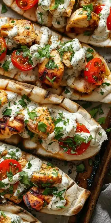Sheet pan chicken pitas topped with herby ranch dressing and fresh vegetables