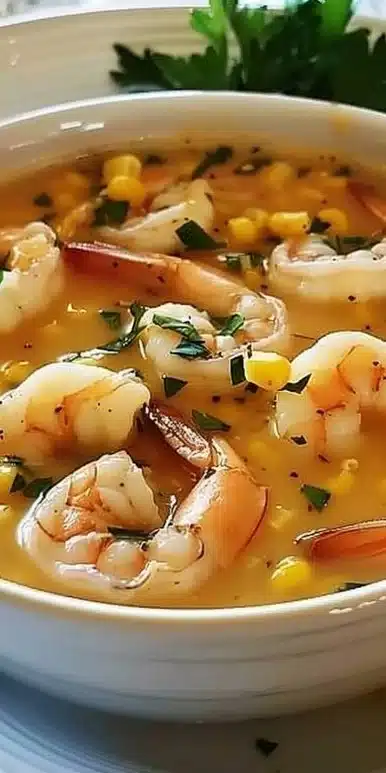 Delicious shrimp corn bisque garnished with herbs in a bowl