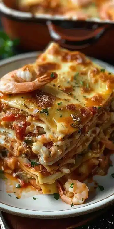 Delicious shrimp crab lasagna served on a white plate with herbs