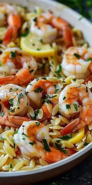 Delicious Shrimp Orzo in Lemon Garlic Sauce served on a plate