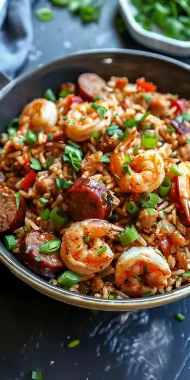 Plate of Shrimp Sausage Dirty Rice garnished with herbs