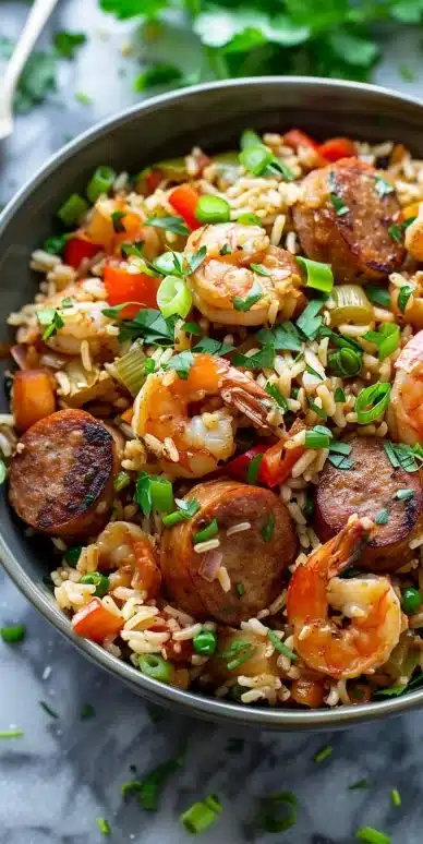 Delicious shrimp sausage dirty rice served in a bowl with fresh herbs.