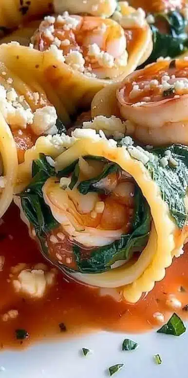 Shrimp Spinach Stuffed Pasta Rolls served on a plate with herbs and cheese