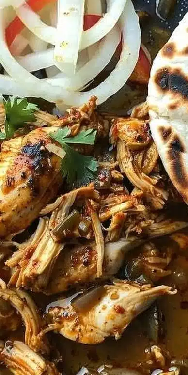 Slow Cooker Chicken Shawarma dish garnished with fresh vegetables and sauce.