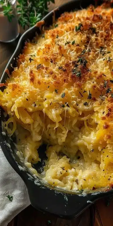 Delicious Spaghetti Squash Gratin topped with cheese and herbs