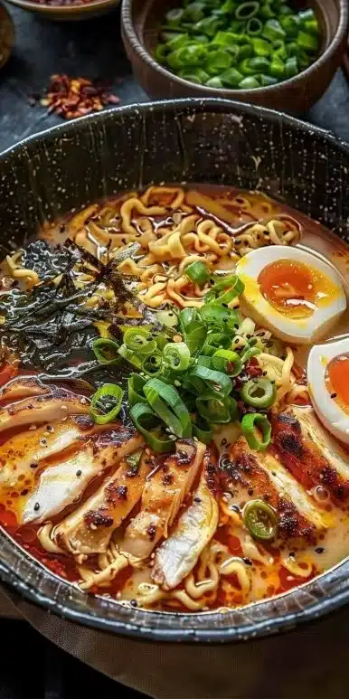 Bowl of delicious spicy chicken ramen topped with vegetables and chili oil