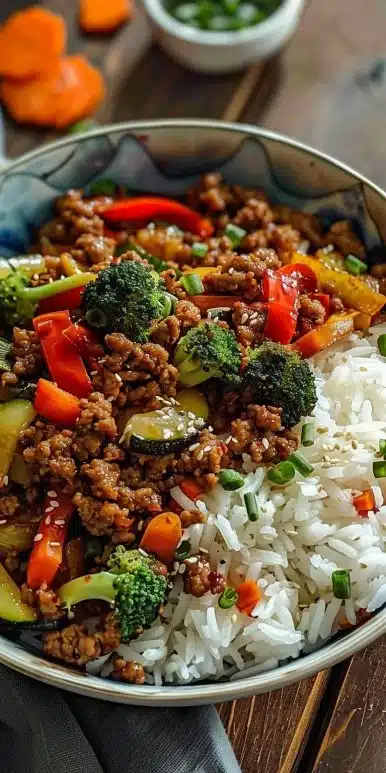 Spicy Ground Beef Stir-Fry Bowl with garlic veggies and steamy rice