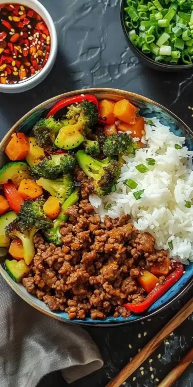 Spicy Ground Beef Stir-Fry Bowl with Garlic Veggies & Steamy Rice