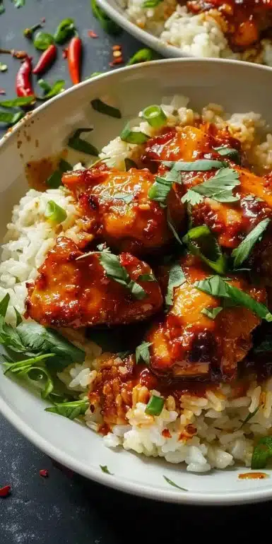Plate of Spicy Maple Chicken served with creamy coconut rice.