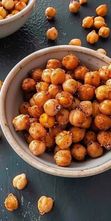 Bowl of spicy roasted chickpeas, a healthy crunchy snack option