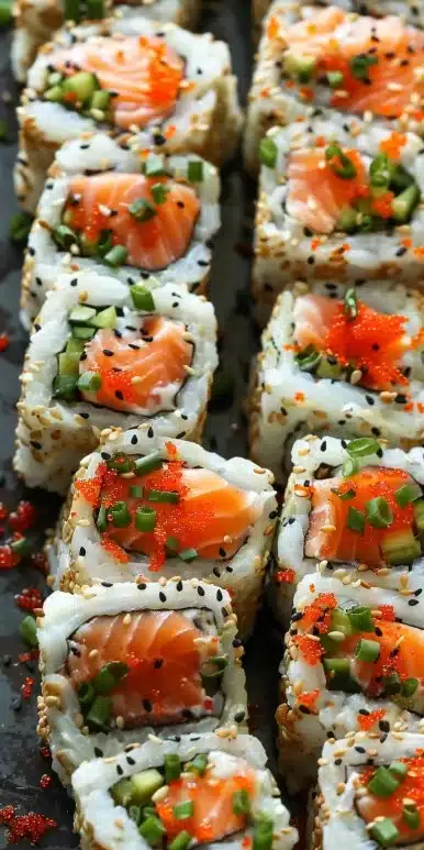 A delicious Spicy Salmon Sushi Bake served in a dish, garnished for flavor.