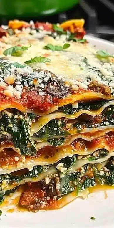 Delicious spinach mushroom lasagna featuring 7 layers of comfort and flavor.