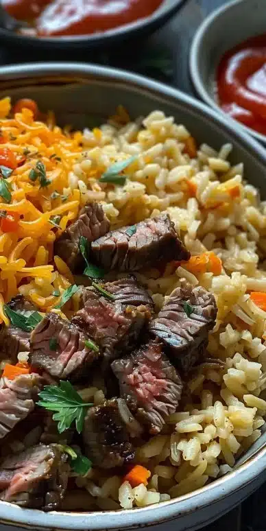 Delicious steak queso rice served in a bowl, perfect comfort food