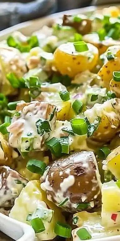 Delicious steakhouse potato salad with creamy dressing and fresh herbs