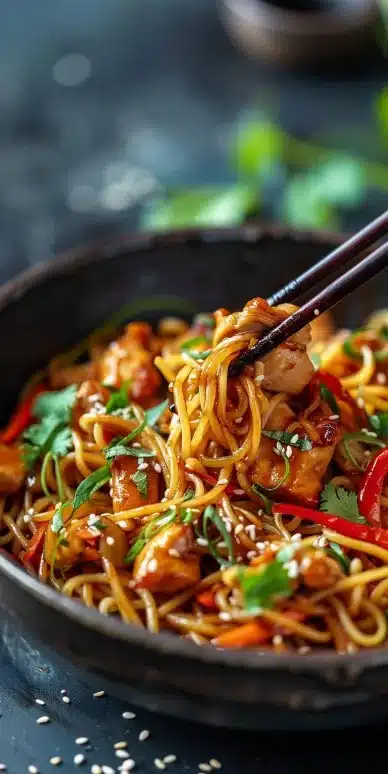 Plate of sticky garlic chicken noodles garnished with herbs