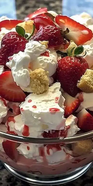 Delicious Strawberry Shortcake Fluff Salad served in a bowl, topped with fresh strawberries and whipped cream.