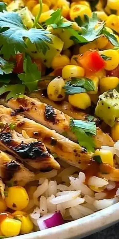 Delicious Street Corn Chicken Rice Bowl with vibrant toppings and flavors