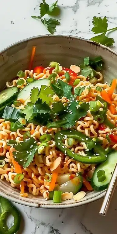 Bowl of summer ramen noodle salad with colorful vegetables