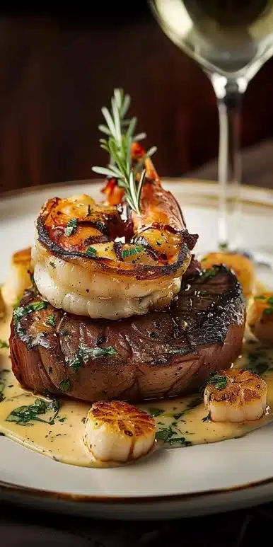 Delicious Surf and Turf plated with creamy garlic sauce showcasing steak and seafood.