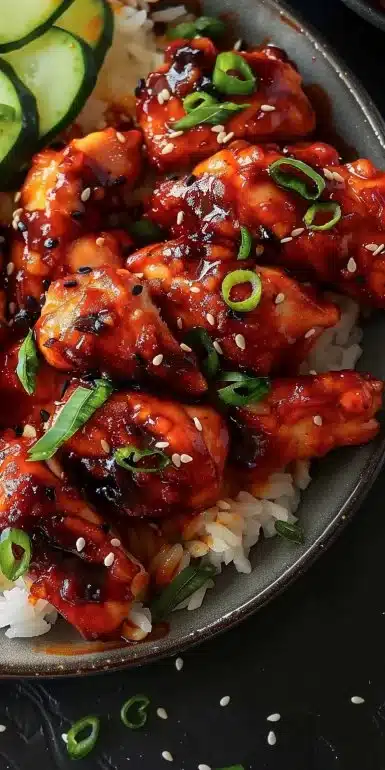 Delicious Sweet and Spicy Korean Chicken garnished with sesame seeds and green onions
