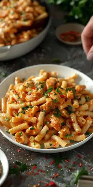 Plate of Honey Pepper Chicken Mac with vibrant ingredients