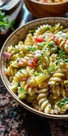 Tangy Dill Pickle Pasta Salad in a serving bowl, garnished with fresh herbs.